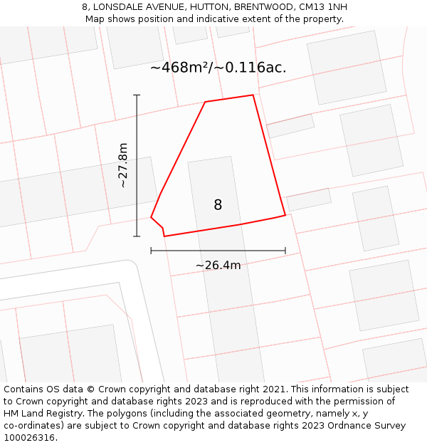 8, LONSDALE AVENUE, HUTTON, BRENTWOOD, CM13 1NH: Plot and title map