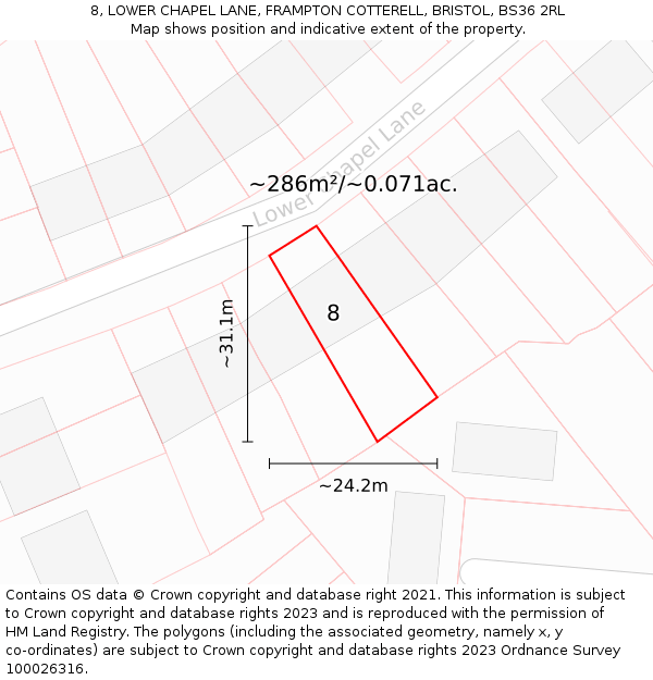 8, LOWER CHAPEL LANE, FRAMPTON COTTERELL, BRISTOL, BS36 2RL: Plot and title map