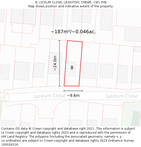8, LYCEUM CLOSE, LEIGHTON, CREWE, CW1 3YB: Plot and title map