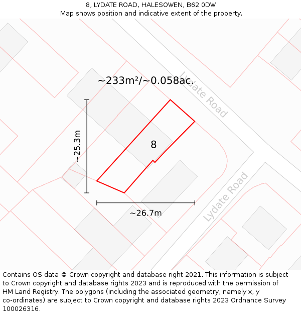 8, LYDATE ROAD, HALESOWEN, B62 0DW: Plot and title map