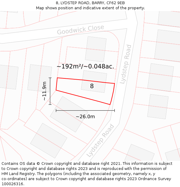 8, LYDSTEP ROAD, BARRY, CF62 9EB: Plot and title map