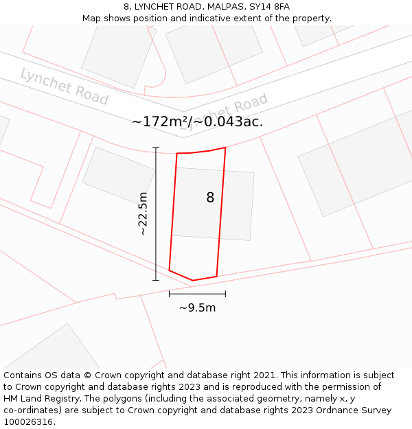 8, LYNCHET ROAD, MALPAS, SY14 8FA: Plot and title map