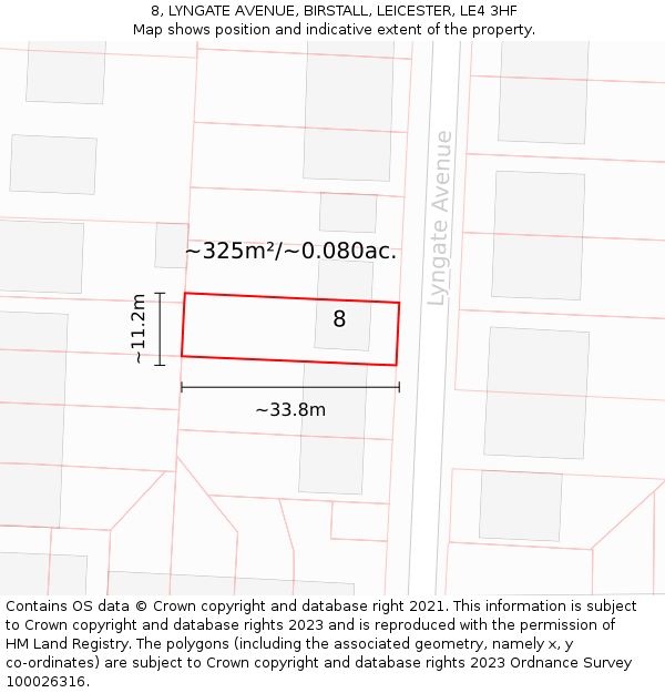 8, LYNGATE AVENUE, BIRSTALL, LEICESTER, LE4 3HF: Plot and title map