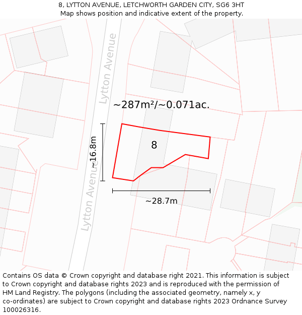 8, LYTTON AVENUE, LETCHWORTH GARDEN CITY, SG6 3HT: Plot and title map