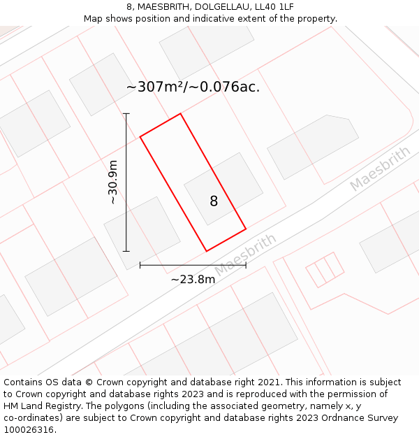 8, MAESBRITH, DOLGELLAU, LL40 1LF: Plot and title map