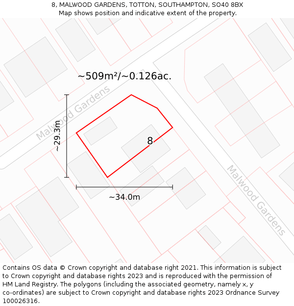 8, MALWOOD GARDENS, TOTTON, SOUTHAMPTON, SO40 8BX: Plot and title map