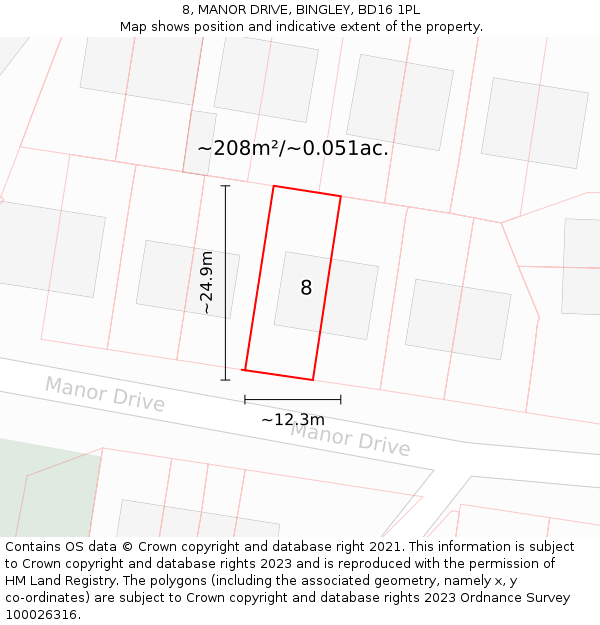 8, MANOR DRIVE, BINGLEY, BD16 1PL: Plot and title map