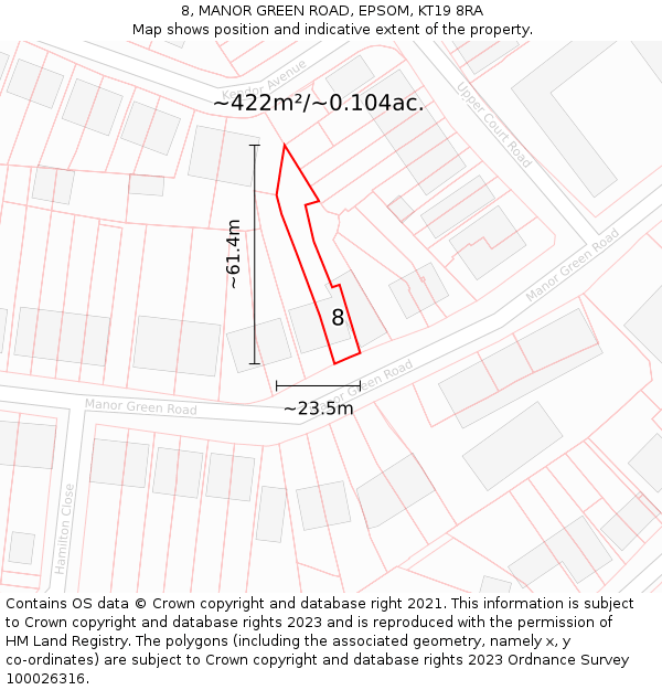 8, MANOR GREEN ROAD, EPSOM, KT19 8RA: Plot and title map