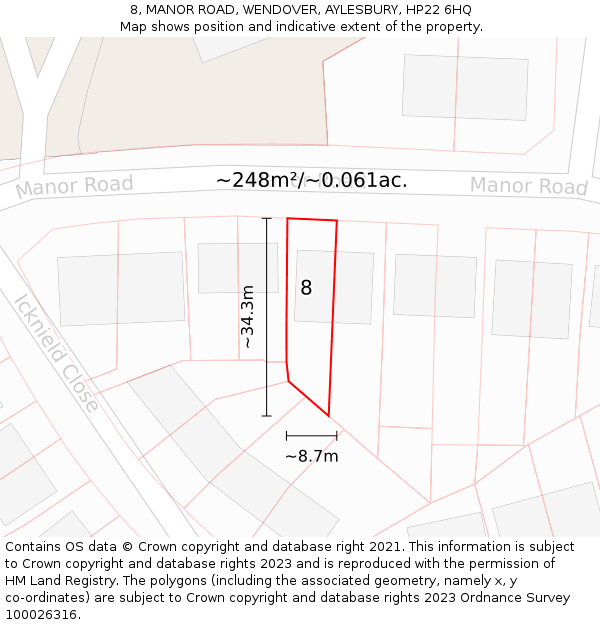 8, MANOR ROAD, WENDOVER, AYLESBURY, HP22 6HQ: Plot and title map