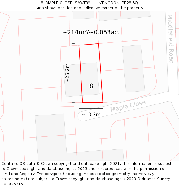 8, MAPLE CLOSE, SAWTRY, HUNTINGDON, PE28 5QJ: Plot and title map