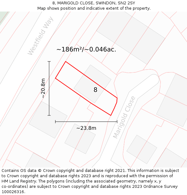 8, MARIGOLD CLOSE, SWINDON, SN2 2SY: Plot and title map