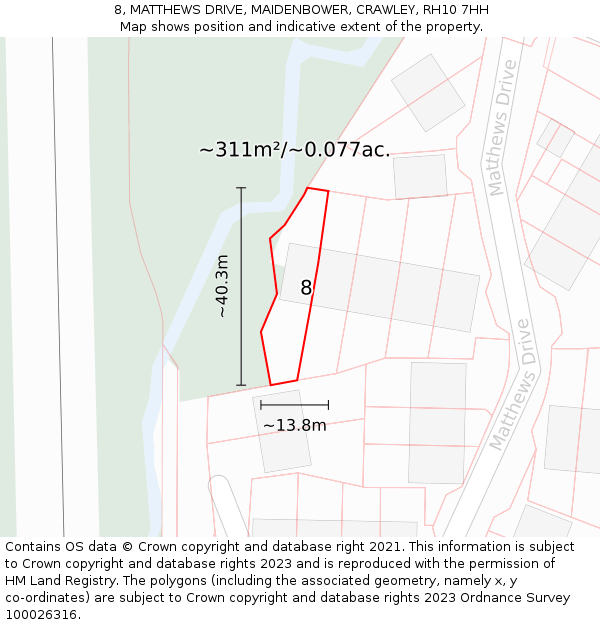 8, MATTHEWS DRIVE, MAIDENBOWER, CRAWLEY, RH10 7HH: Plot and title map