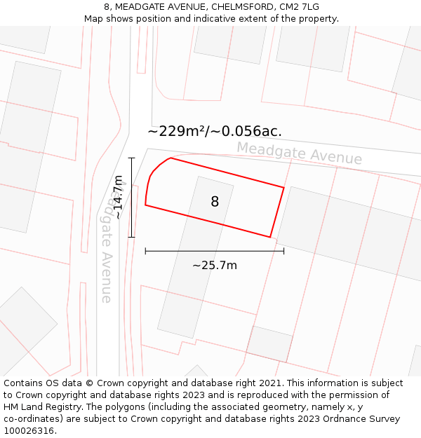 8, MEADGATE AVENUE, CHELMSFORD, CM2 7LG: Plot and title map