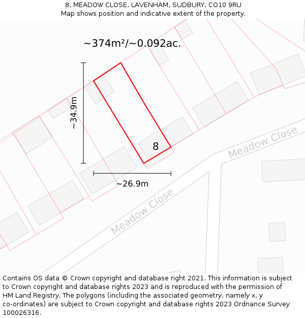 8, MEADOW CLOSE, LAVENHAM, SUDBURY, CO10 9RU: Plot and title map