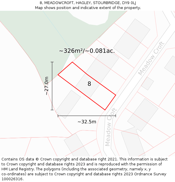 8, MEADOWCROFT, HAGLEY, STOURBRIDGE, DY9 0LJ: Plot and title map