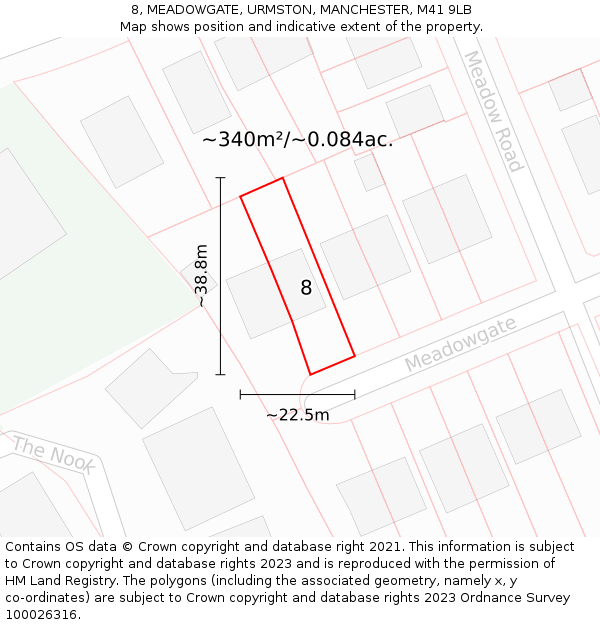 8, MEADOWGATE, URMSTON, MANCHESTER, M41 9LB: Plot and title map