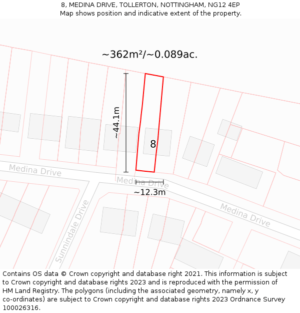 8, MEDINA DRIVE, TOLLERTON, NOTTINGHAM, NG12 4EP: Plot and title map