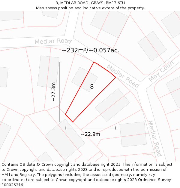 8, MEDLAR ROAD, GRAYS, RM17 6TU: Plot and title map