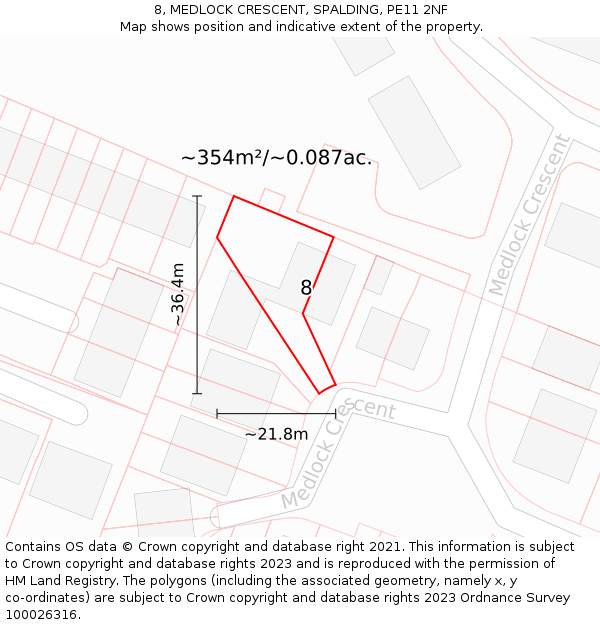 8, MEDLOCK CRESCENT, SPALDING, PE11 2NF: Plot and title map