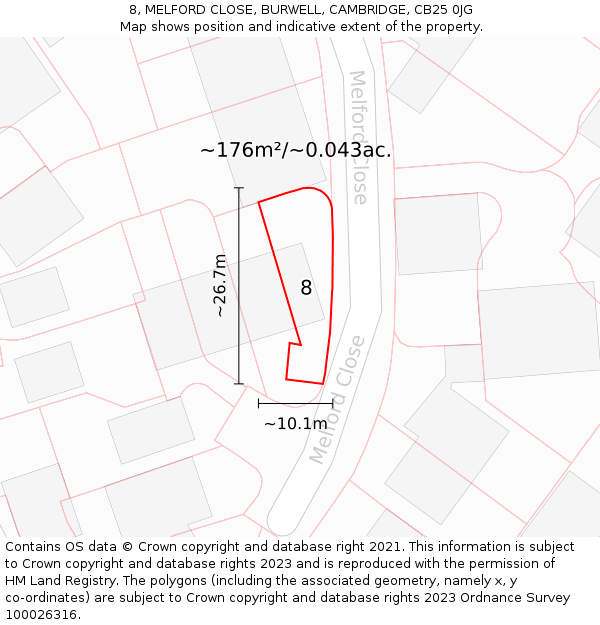 8, MELFORD CLOSE, BURWELL, CAMBRIDGE, CB25 0JG: Plot and title map