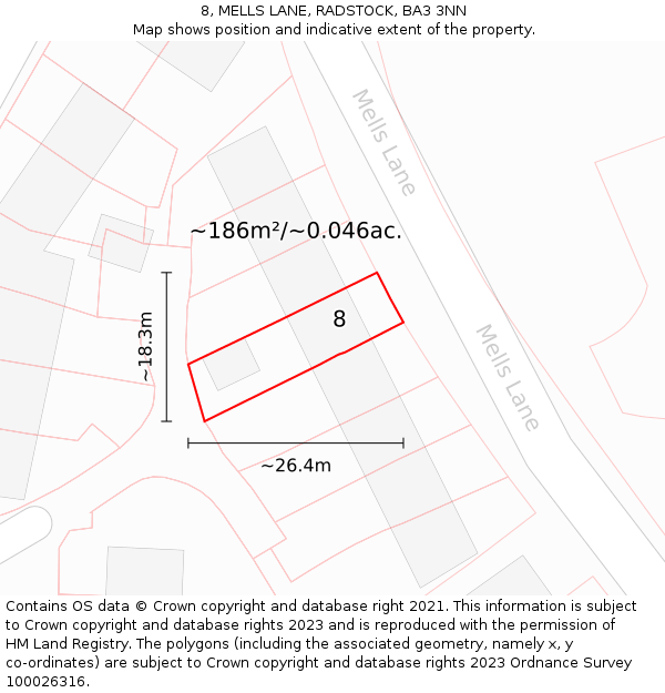 8, MELLS LANE, RADSTOCK, BA3 3NN: Plot and title map