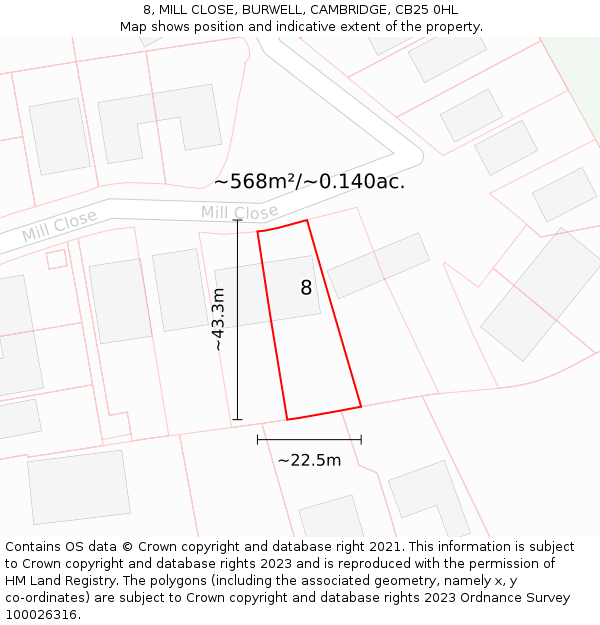 8, MILL CLOSE, BURWELL, CAMBRIDGE, CB25 0HL: Plot and title map