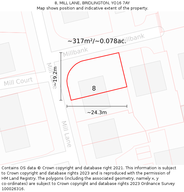 8, MILL LANE, BRIDLINGTON, YO16 7AY: Plot and title map