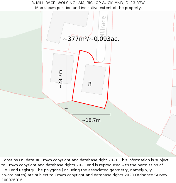 8, MILL RACE, WOLSINGHAM, BISHOP AUCKLAND, DL13 3BW: Plot and title map