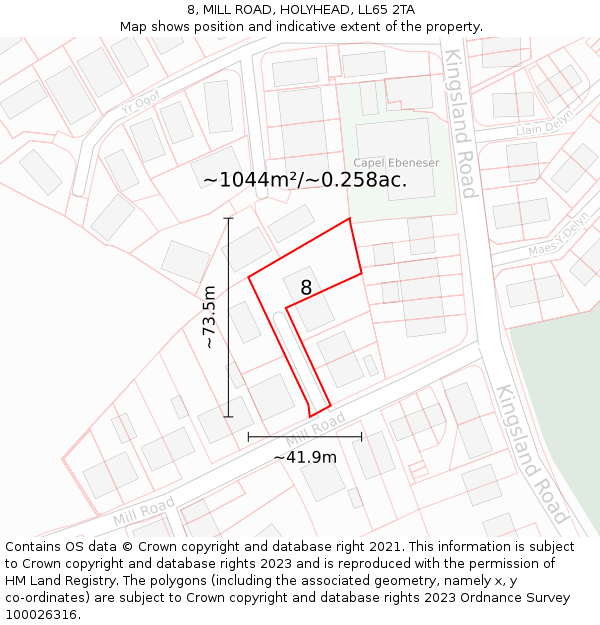 8, MILL ROAD, HOLYHEAD, LL65 2TA: Plot and title map