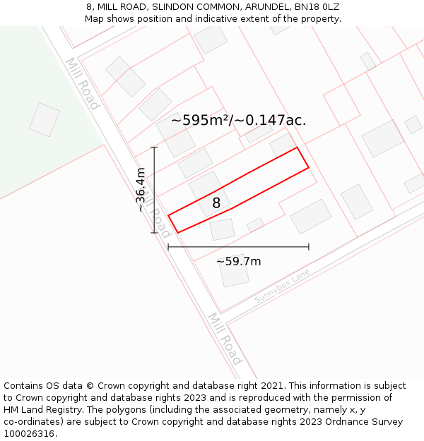 8, MILL ROAD, SLINDON COMMON, ARUNDEL, BN18 0LZ: Plot and title map