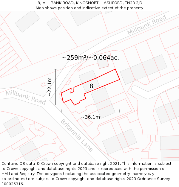 8, MILLBANK ROAD, KINGSNORTH, ASHFORD, TN23 3JD: Plot and title map