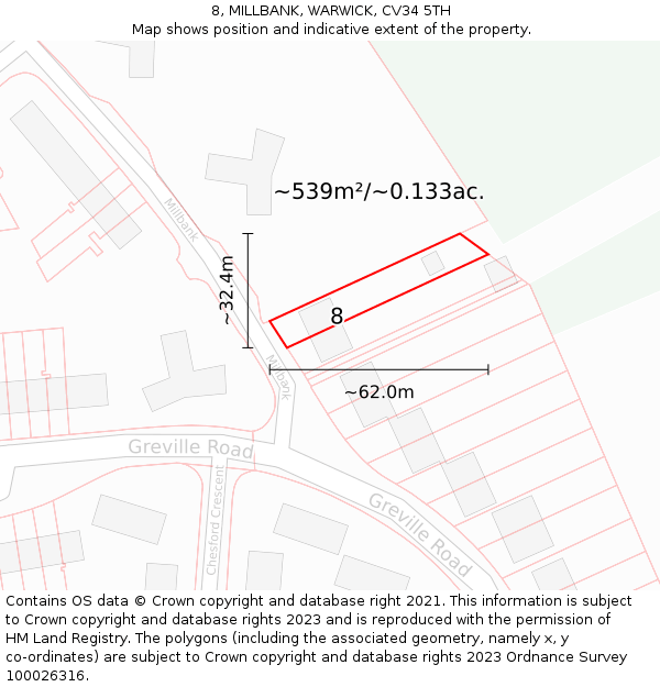 8, MILLBANK, WARWICK, CV34 5TH: Plot and title map