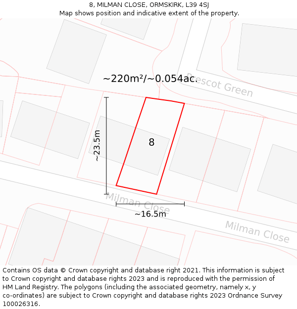 8, MILMAN CLOSE, ORMSKIRK, L39 4SJ: Plot and title map