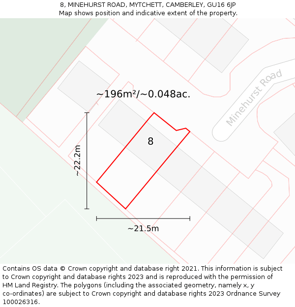 8, MINEHURST ROAD, MYTCHETT, CAMBERLEY, GU16 6JP: Plot and title map