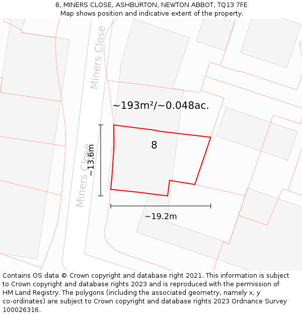 8, MINERS CLOSE, ASHBURTON, NEWTON ABBOT, TQ13 7FE: Plot and title map