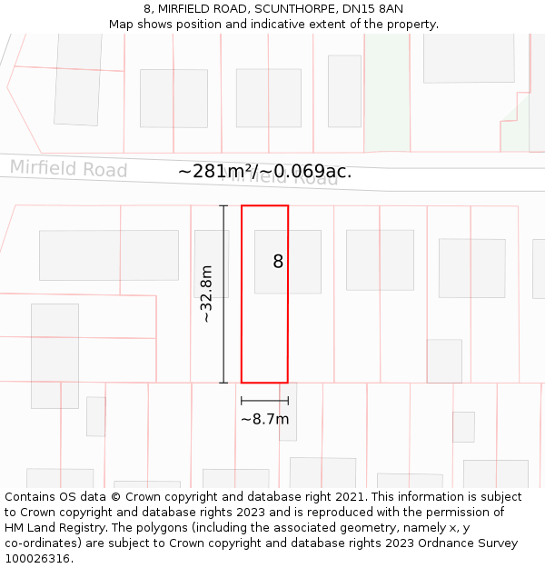 8, MIRFIELD ROAD, SCUNTHORPE, DN15 8AN: Plot and title map