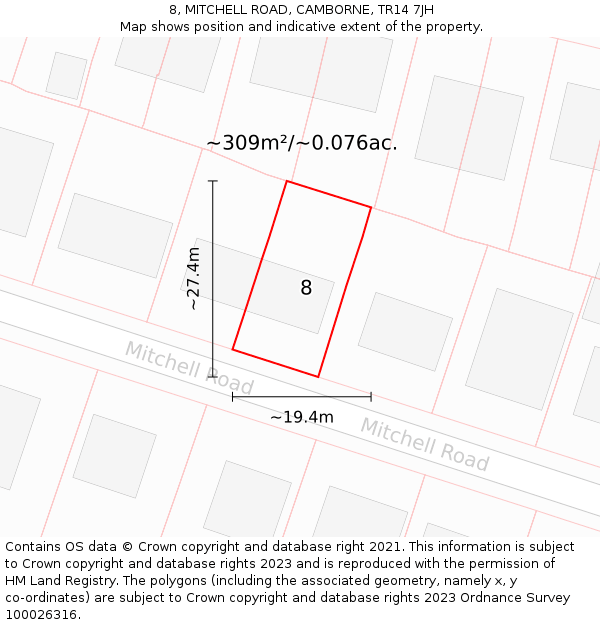 8, MITCHELL ROAD, CAMBORNE, TR14 7JH: Plot and title map