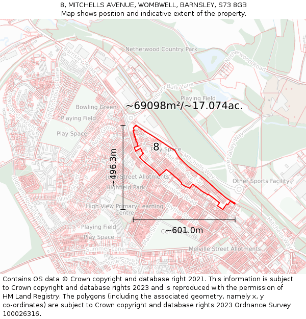 8, MITCHELLS AVENUE, WOMBWELL, BARNSLEY, S73 8GB: Plot and title map