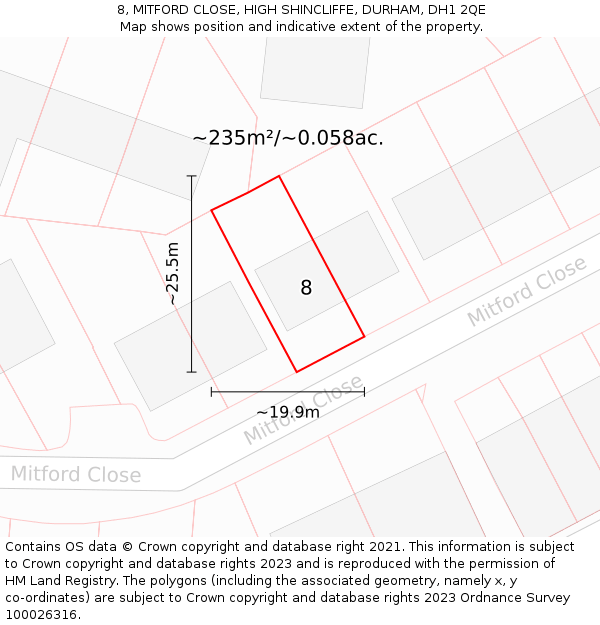 8, MITFORD CLOSE, HIGH SHINCLIFFE, DURHAM, DH1 2QE: Plot and title map