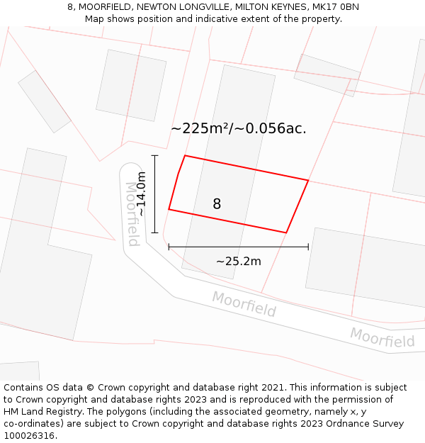 8, MOORFIELD, NEWTON LONGVILLE, MILTON KEYNES, MK17 0BN: Plot and title map