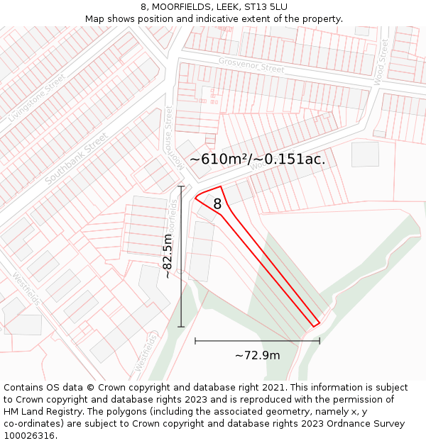 8, MOORFIELDS, LEEK, ST13 5LU: Plot and title map