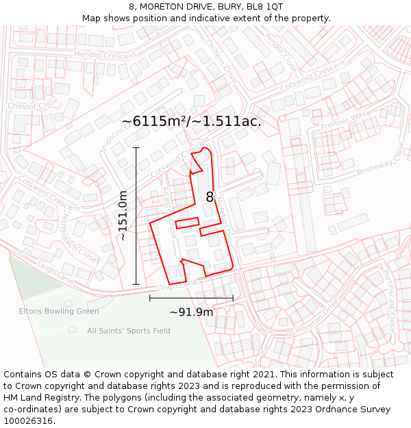 8, MORETON DRIVE, BURY, BL8 1QT: Plot and title map