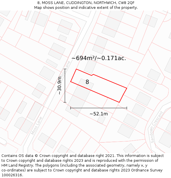 8, MOSS LANE, CUDDINGTON, NORTHWICH, CW8 2QF: Plot and title map