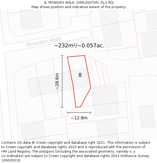 8, MOWDEN WALK, DARLINGTON, DL3 9DJ: Plot and title map