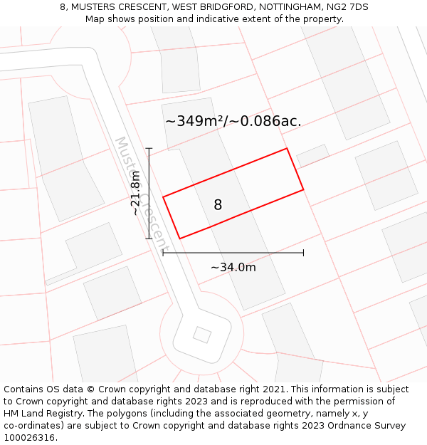 8, MUSTERS CRESCENT, WEST BRIDGFORD, NOTTINGHAM, NG2 7DS: Plot and title map