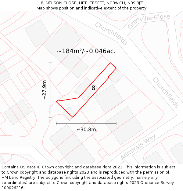 8, NELSON CLOSE, HETHERSETT, NORWICH, NR9 3JZ: Plot and title map