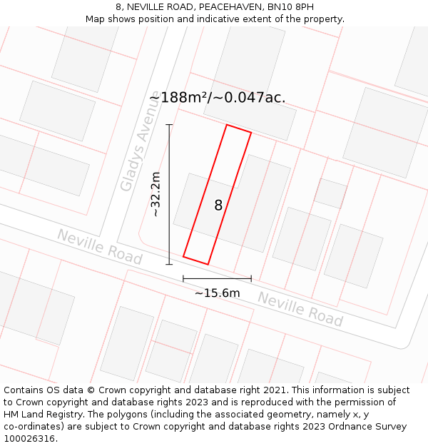 8, NEVILLE ROAD, PEACEHAVEN, BN10 8PH: Plot and title map