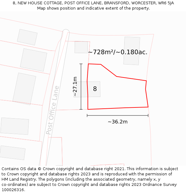 8, NEW HOUSE COTTAGE, POST OFFICE LANE, BRANSFORD, WORCESTER, WR6 5JA: Plot and title map