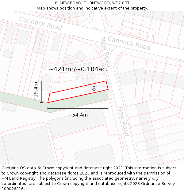 8, NEW ROAD, BURNTWOOD, WS7 0BT: Plot and title map