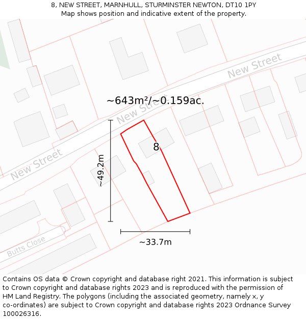 8, NEW STREET, MARNHULL, STURMINSTER NEWTON, DT10 1PY: Plot and title map